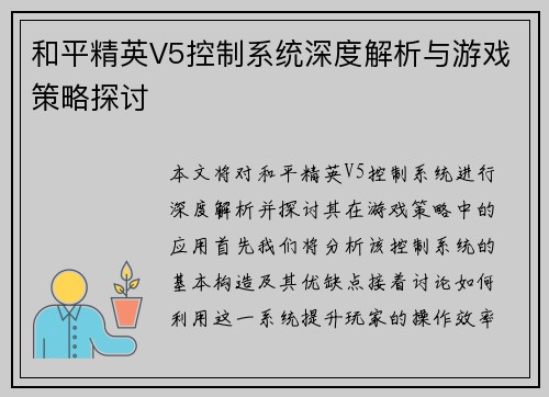 和平精英V5控制系统深度解析与游戏策略探讨